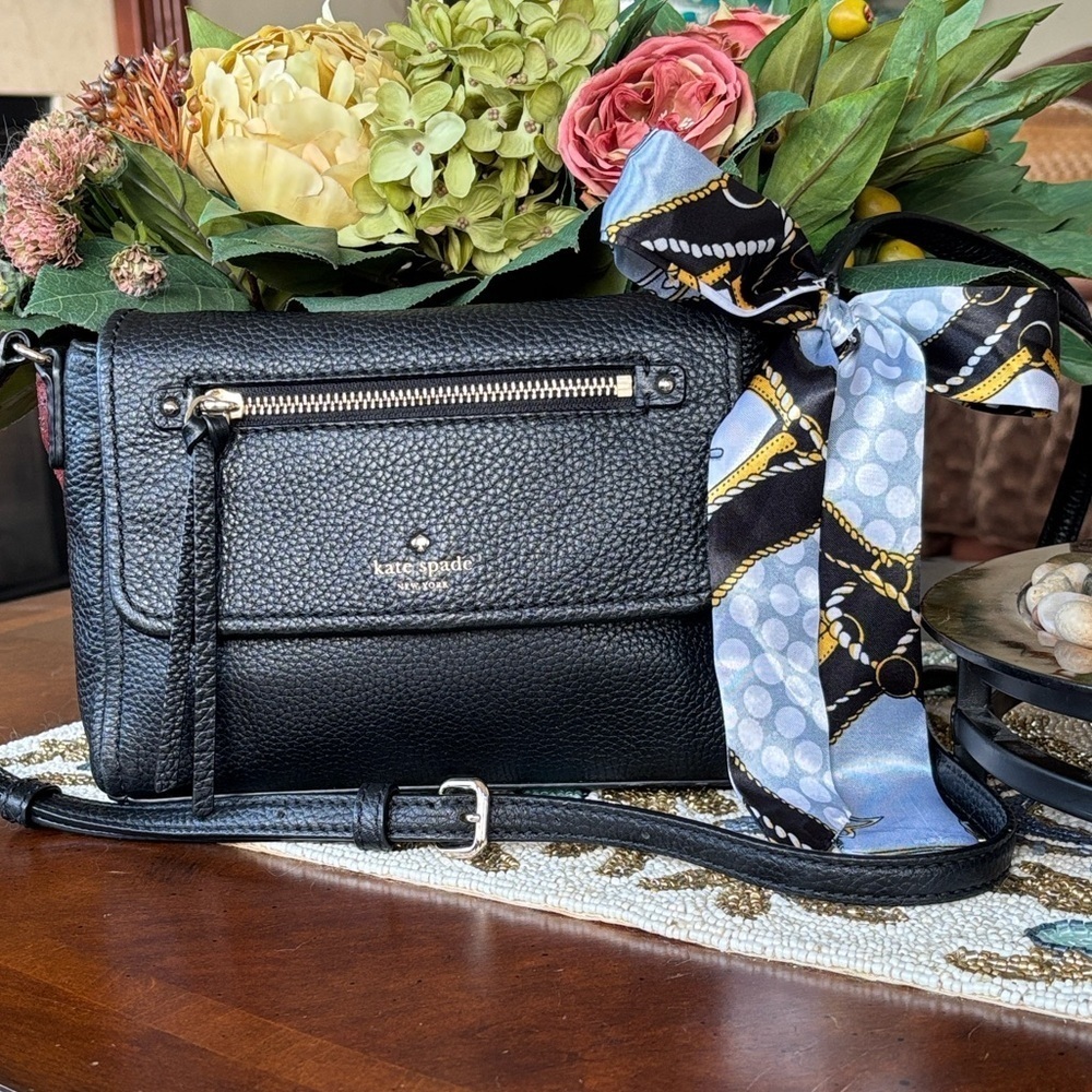 Kate Spade Black Pebbled Leather Crossbody Flap Purse Nautical Twilley Bow